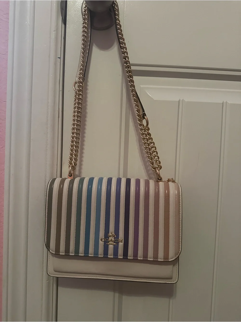 Coach White Leather Crossbody with Rainbow Stripe and Gold Chain like NEW
